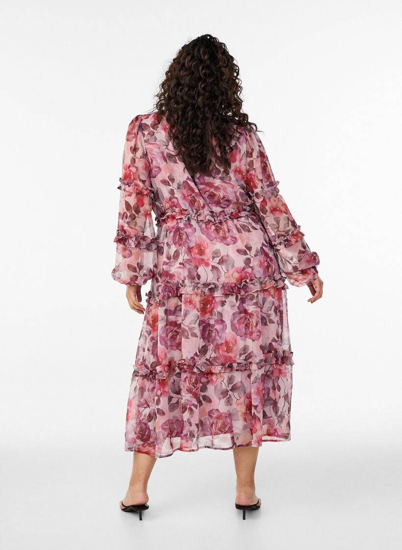 Robe midi &agrave; fleurs avec volants et manches transparentes, Rose, Model image number 1