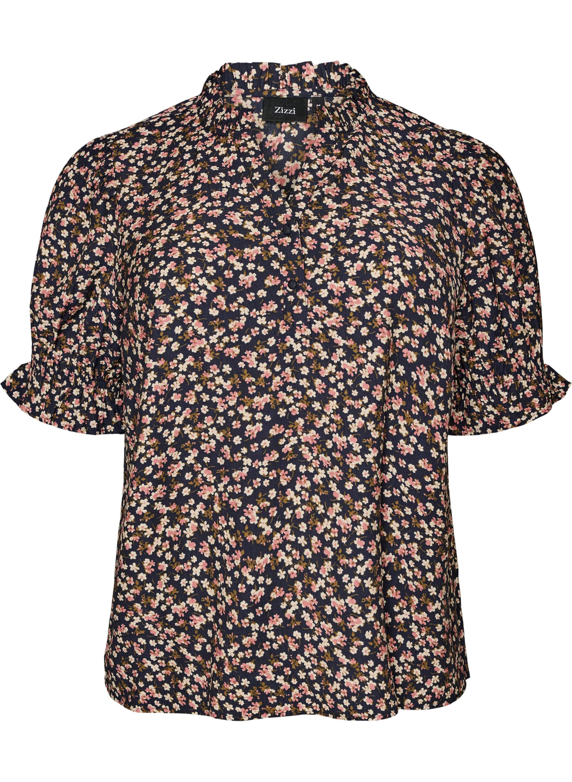 ZizziBlouse &agrave; imprim&eacute; floral en viscose avec manches courtes et d&eacute;tails smock&eacute;s, Bleu, Packshot image number 0