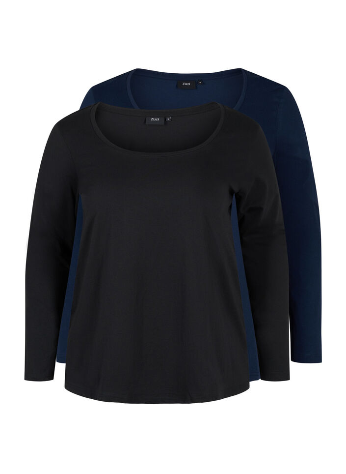 Lot de 2 blouses basiques en coton, Black/Navy B, Packshot image number 0