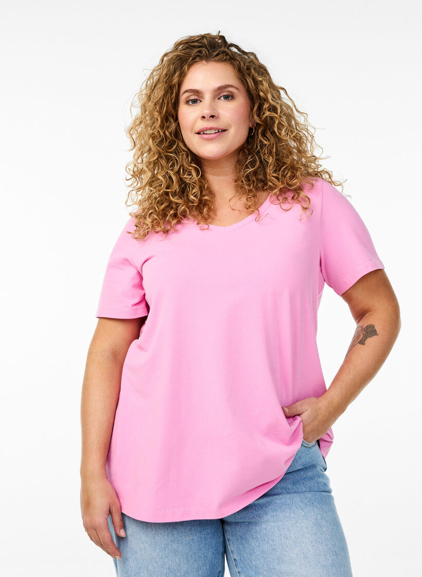 T-shirt basique en coton de couleur unie, Rose, Model image number 0
