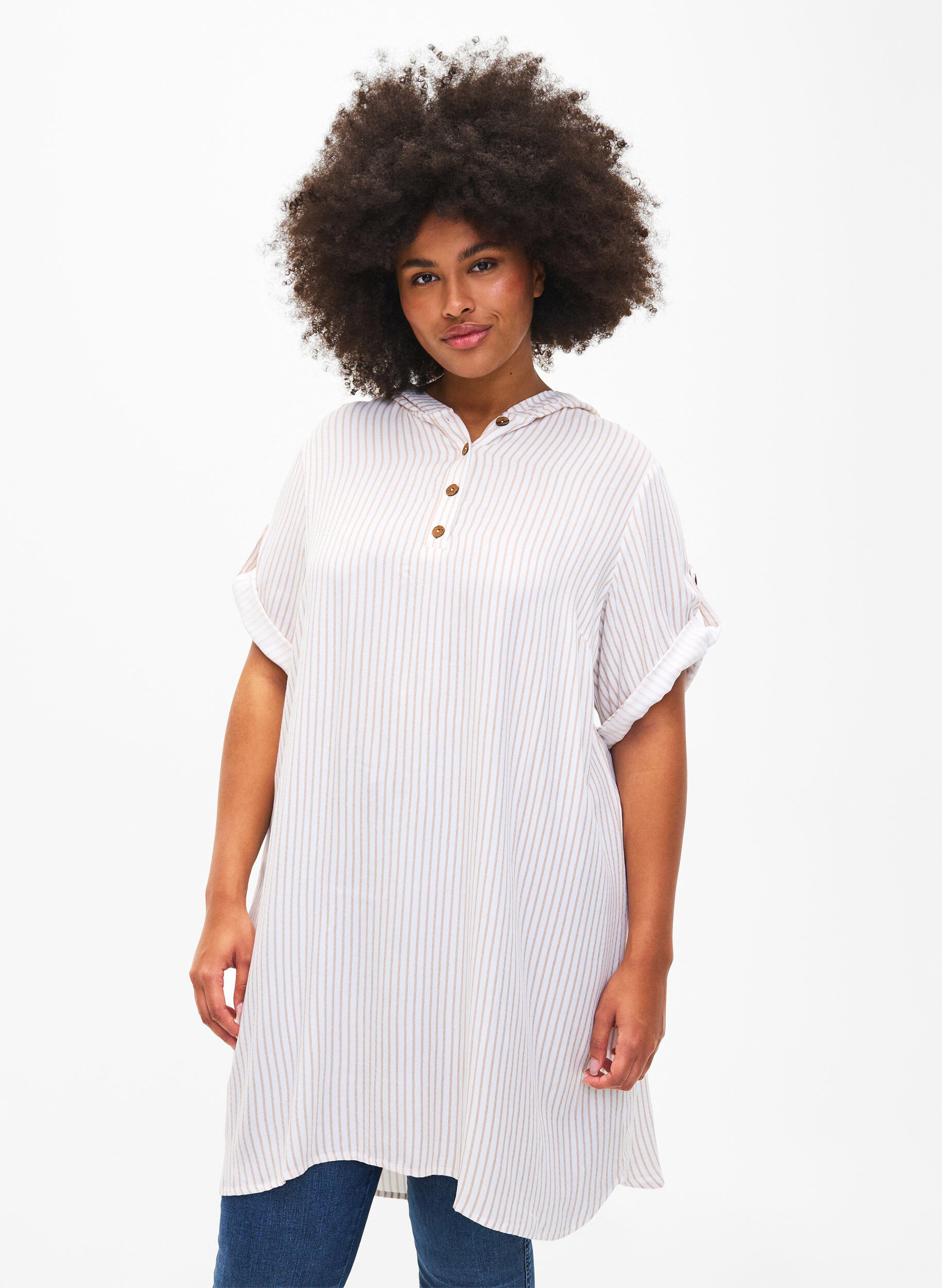 Zizzi Tunique &agrave; manches courtes en viscose avec capuche, White Natural Stripe, Model image number 0