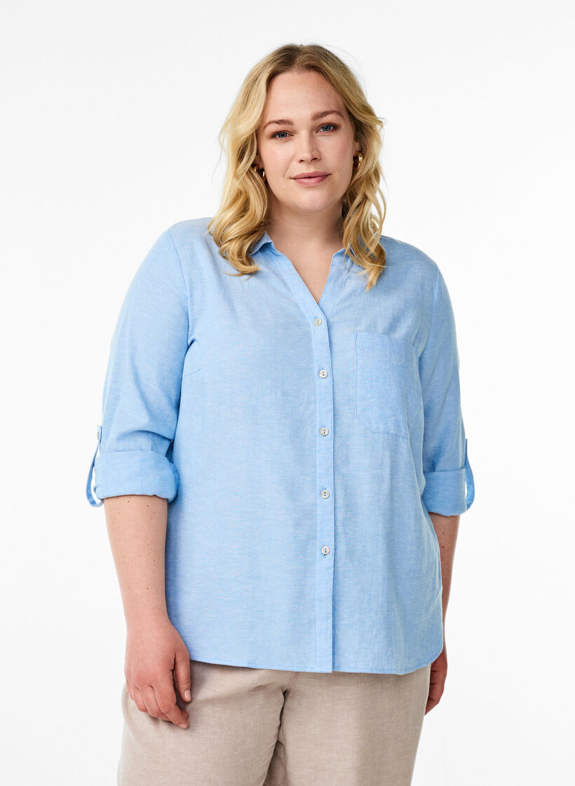 Chemise en lin et viscose avec manches 3/4, Bleu, Model image number 0
