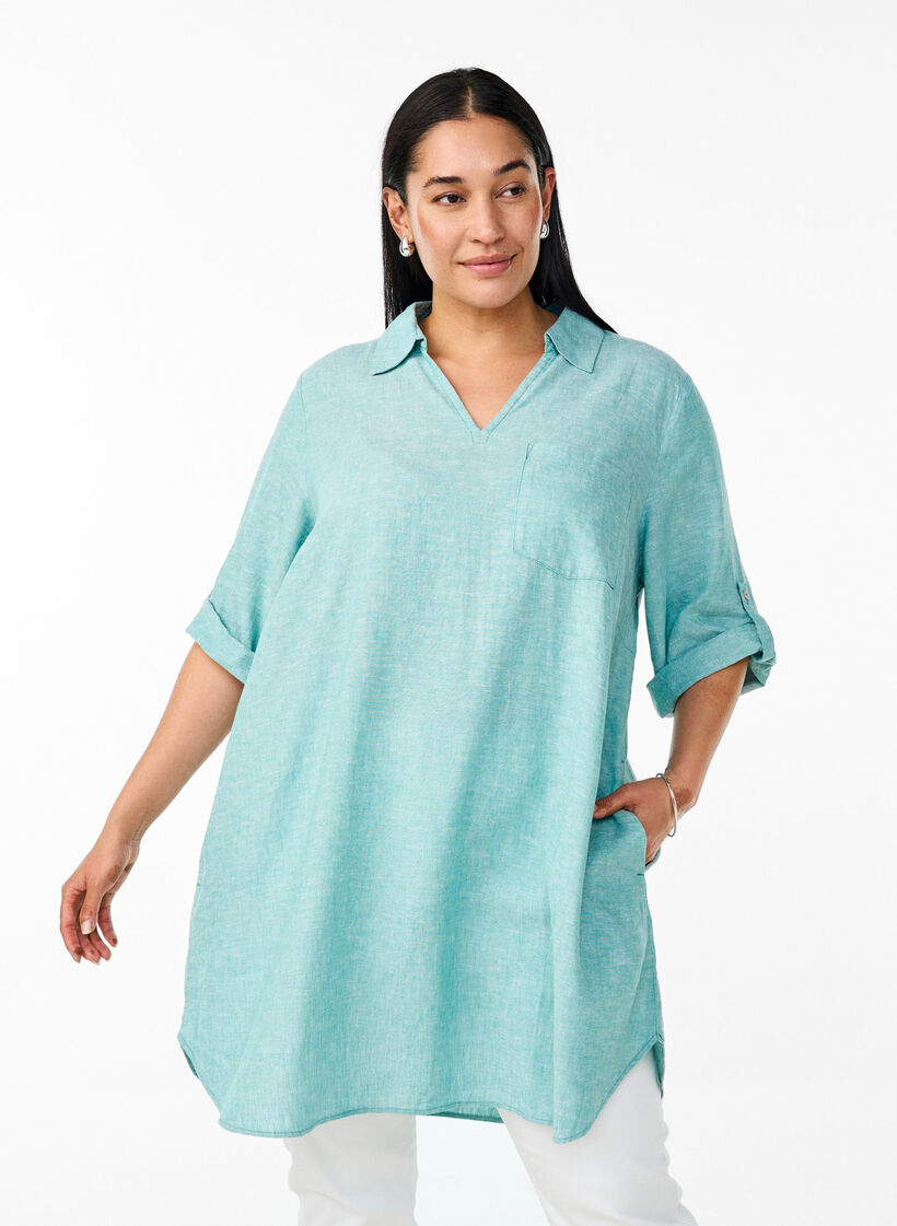 Tunique coupe trap&egrave;ze en lin et viscose, Bleu, Model image number 0