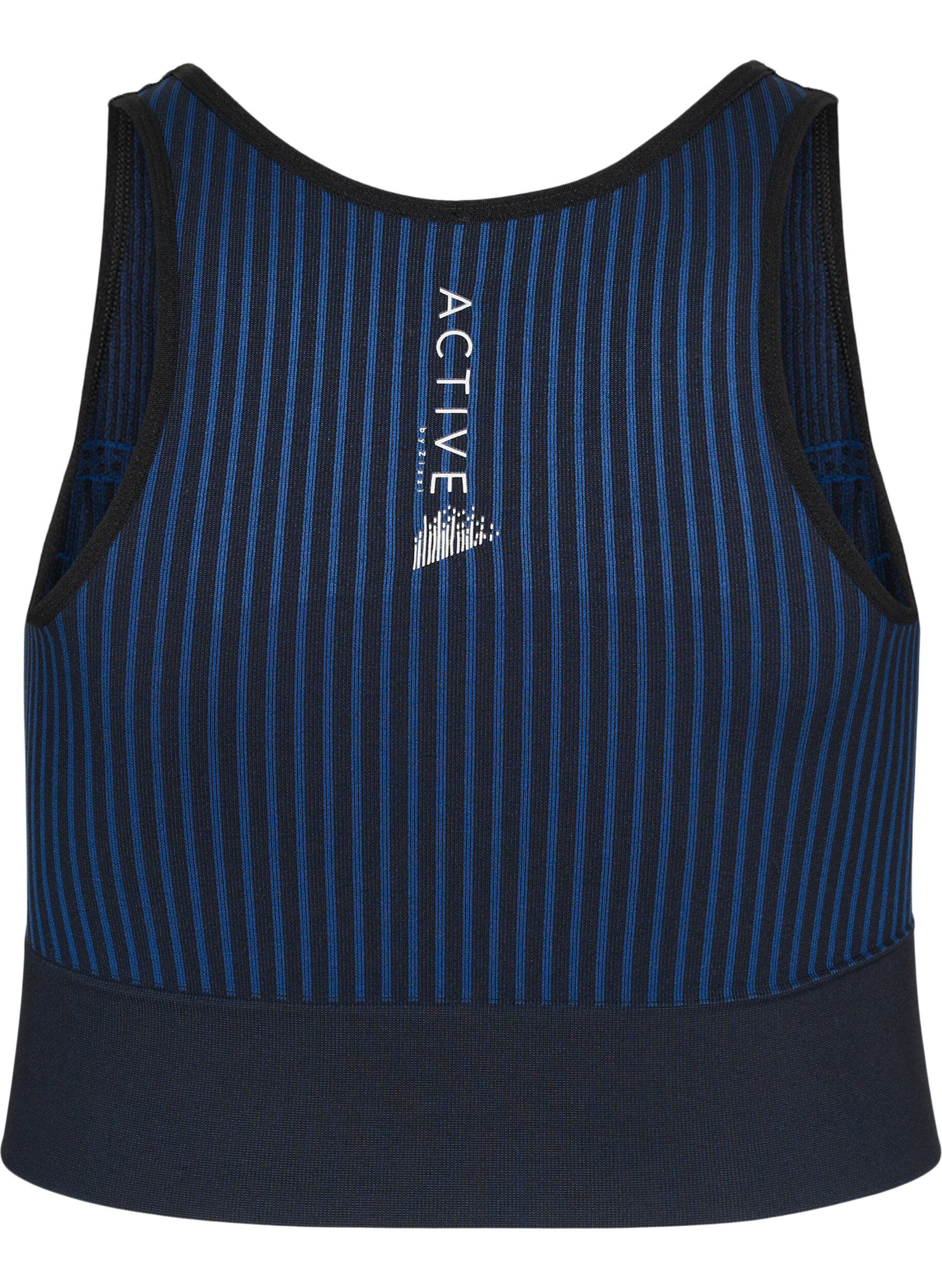 Zizzi  Brassi&egrave;re de sport sans coutures avec rayures, Black w. Blue Depths, Packshot image number 1