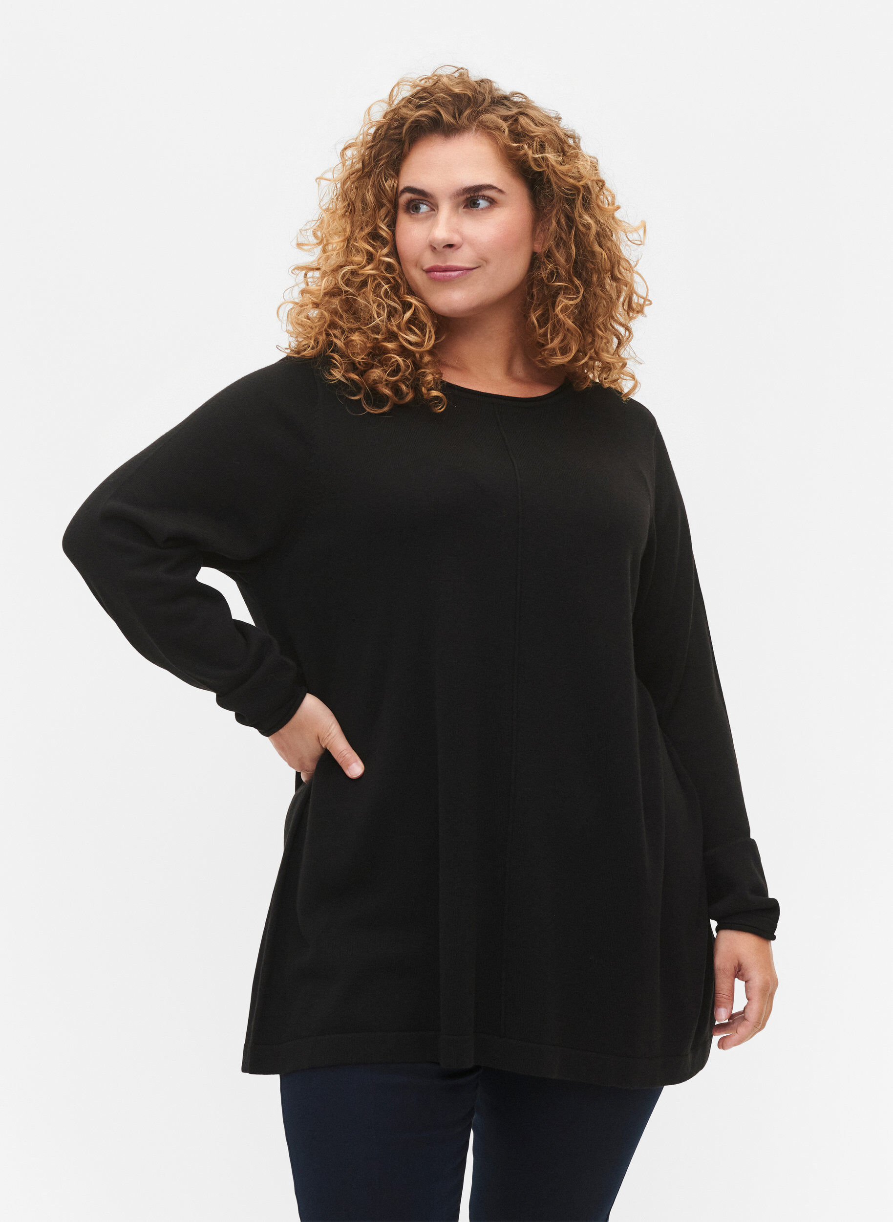 ZizziBlouse tricot&eacute;e en m&eacute;lange coton-viscose, Noir, Model image number 0