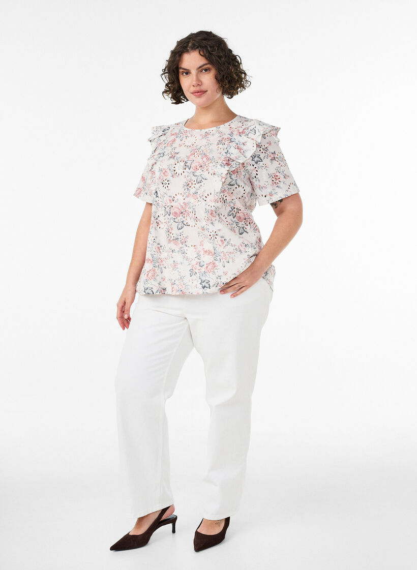 Blouse en coton avec broderie anglaise et volants, Rose poudr&eacute;e, Model image number 1