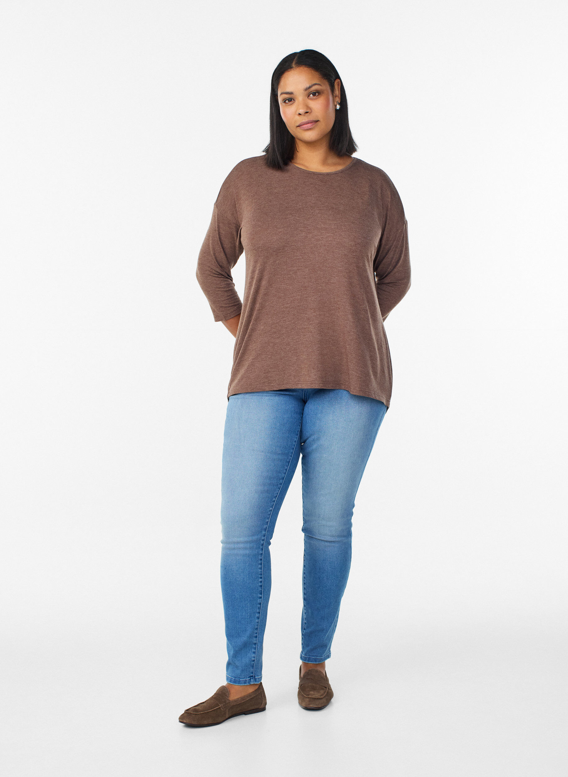 Zizzi Blouse en jersey avec manches 3/4, Marron, Model image number 1