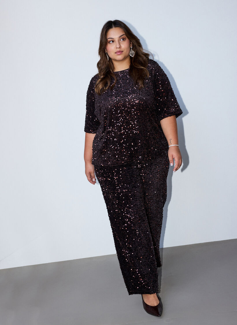 Pantalon &agrave; coupe ample avec sequins, Marron, Model image number 0