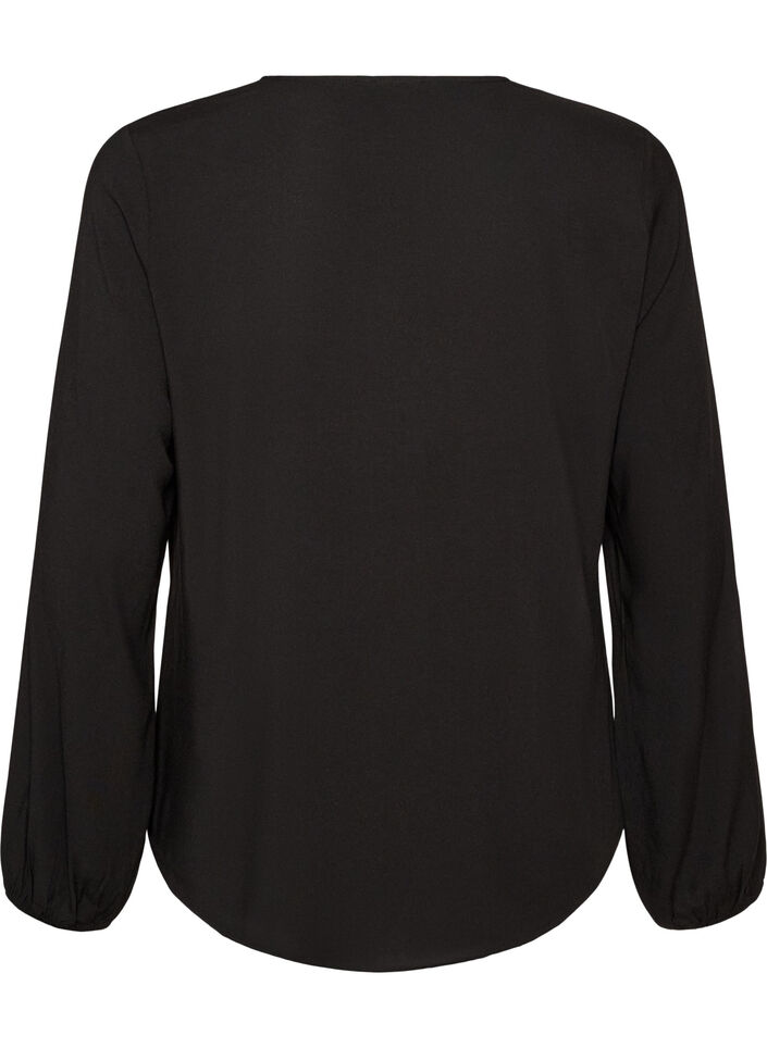 Blouse en viscose avec col en V et manches longues, Noir, Packshot image number 1
