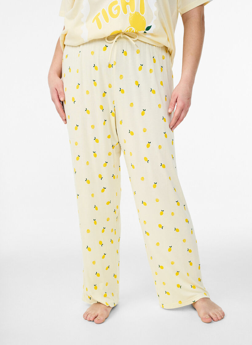 Pantalon de pyjama en jersey doux avec taille haute et imprim&eacute; fruits, Jaune clair, Model image number 2