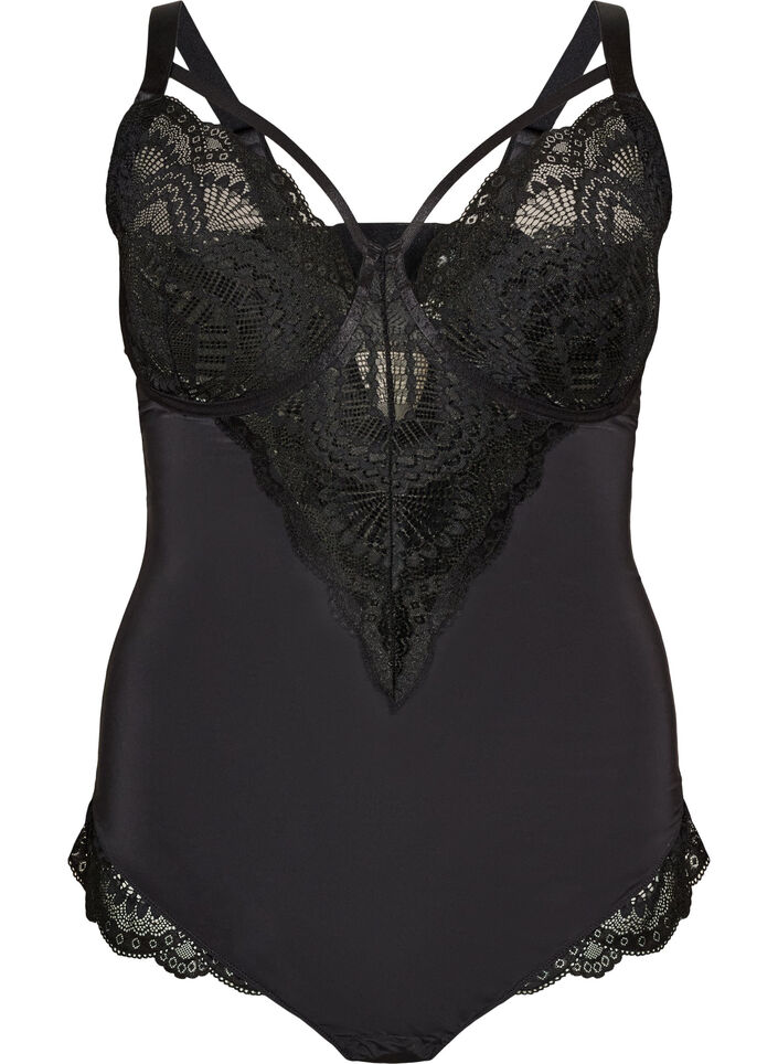 Body en dentelle &agrave; armatures avec d&eacute;tails de lani&egrave;res, Noir, Packshot image number 0