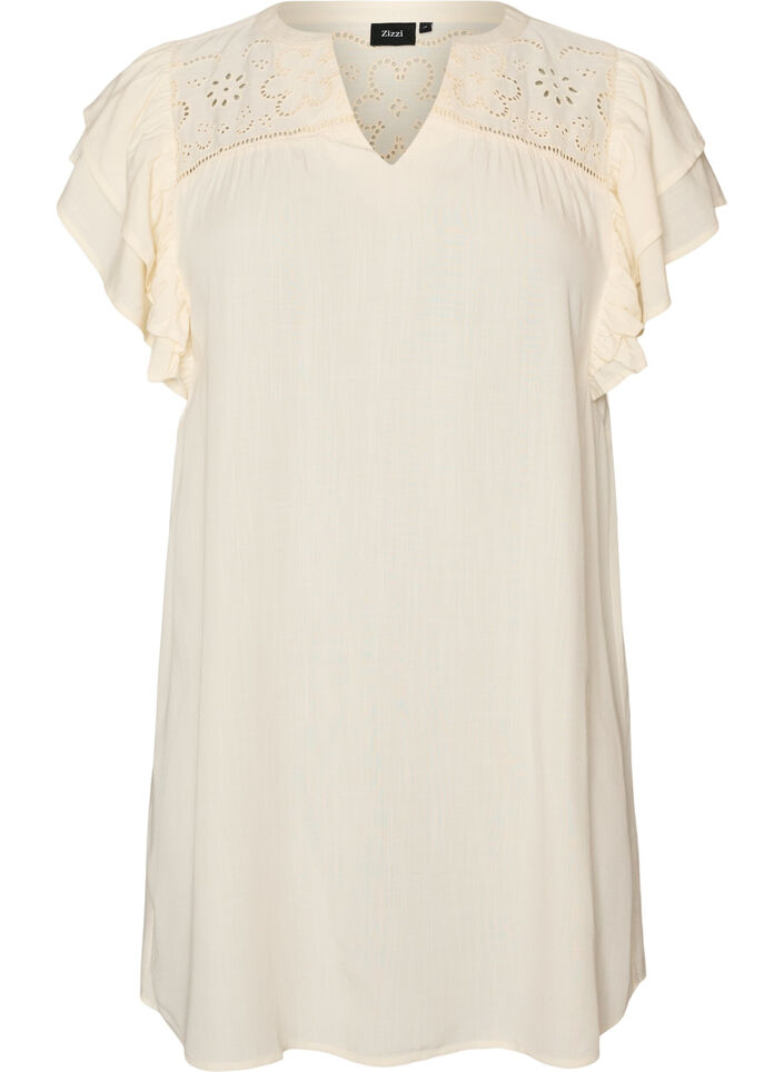 Tunique en broderie anglaise et manches &agrave; volants, Beige, Packshot image number 0