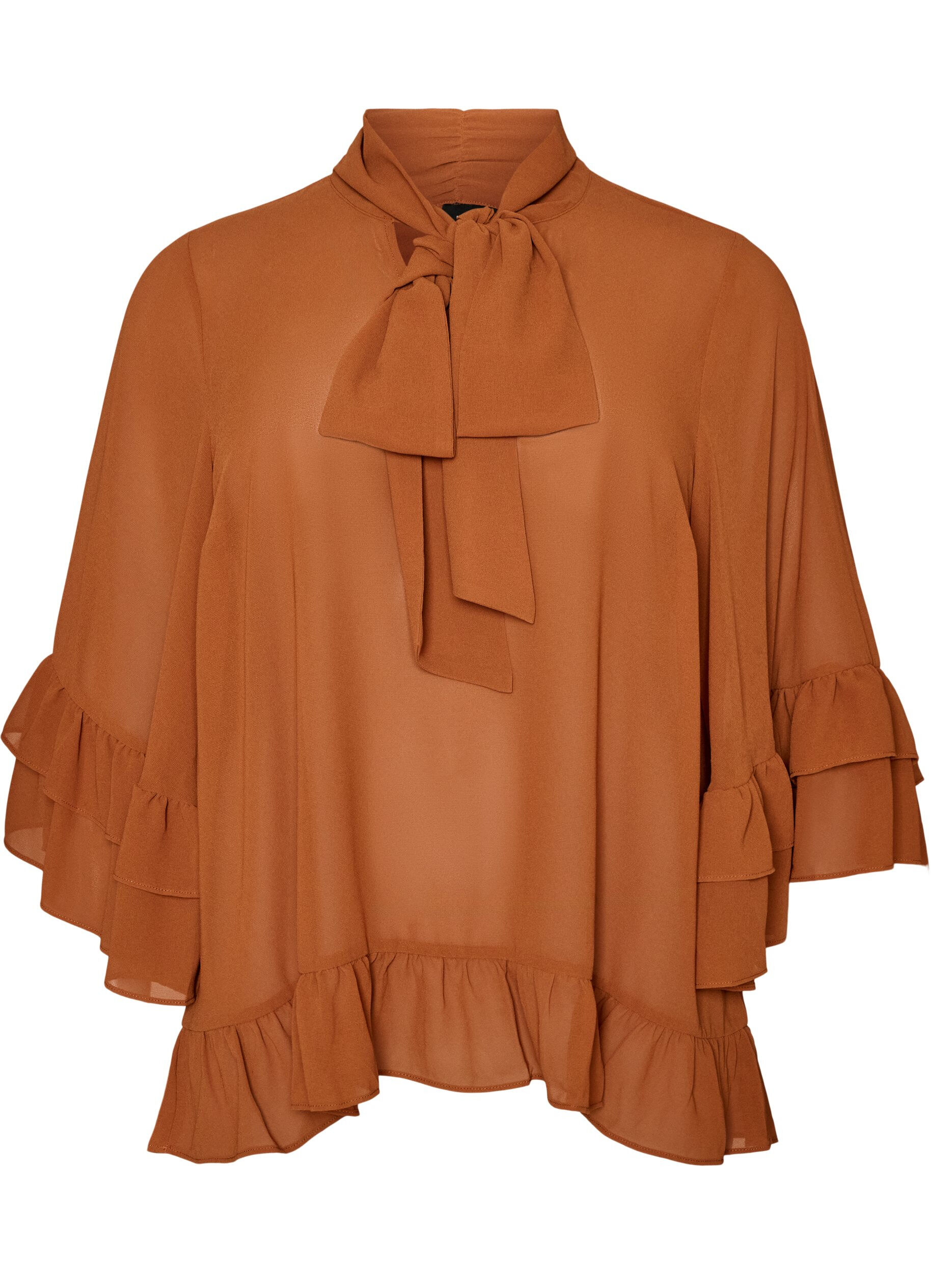ZizziBlouse avec ruban &agrave; nouer et volants, Camel, Packshot image number 0