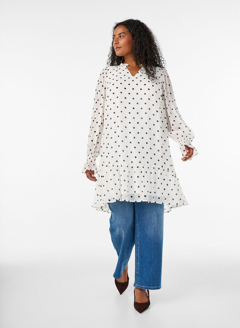 Robe en viscose avec volants et manches transparentes, Blanc, Model image number 1