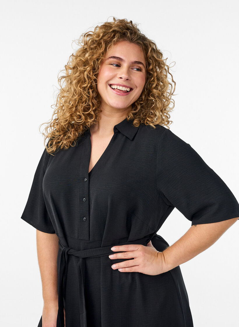 Robe chemise midi avec ceinture &agrave; nouer, Noir, Model image number 2