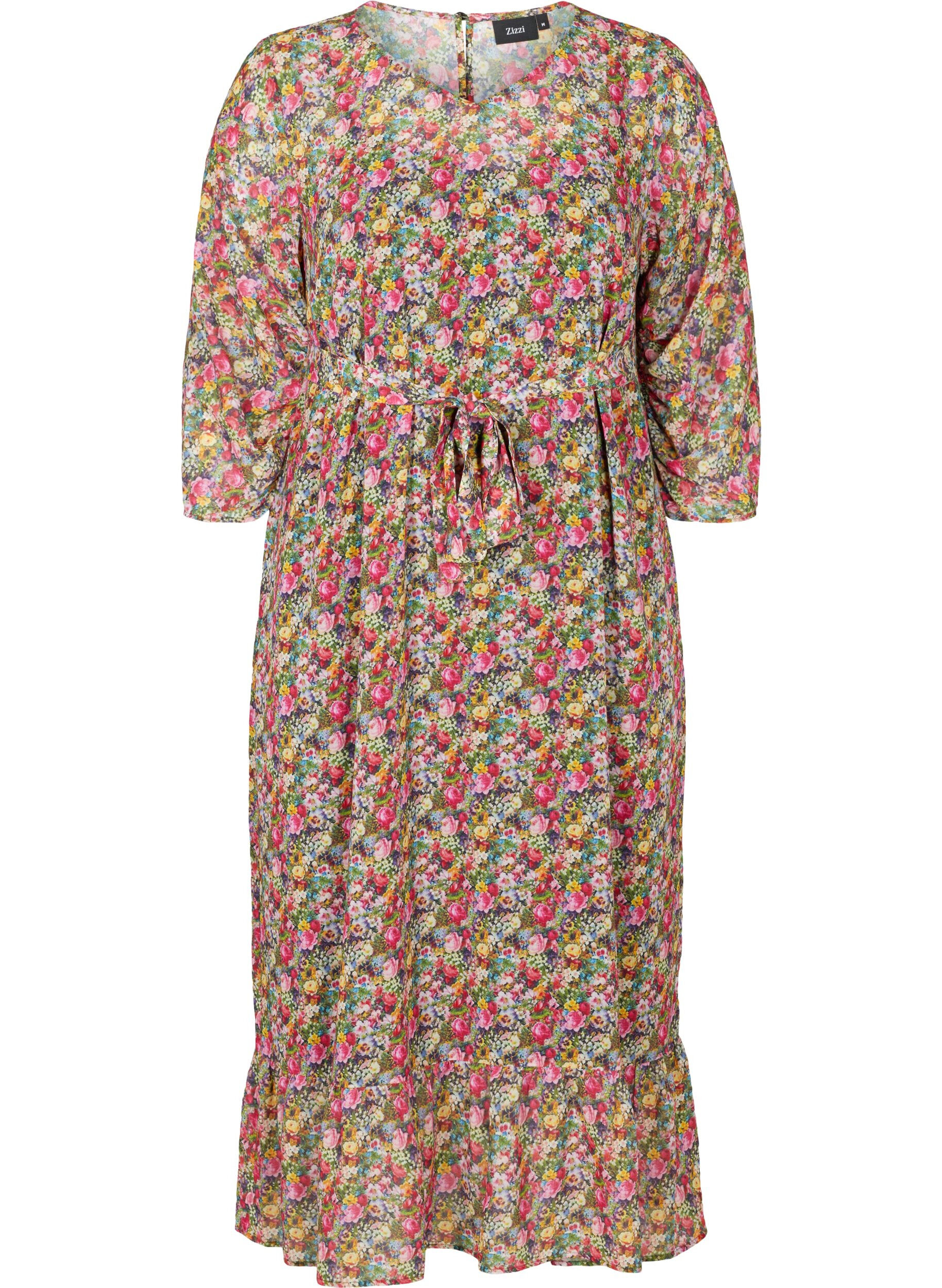 Zizzi Robe midi fleurie avec lien &agrave; nouer &agrave; la taille, Pink Flower AOP, Packshot image number 0