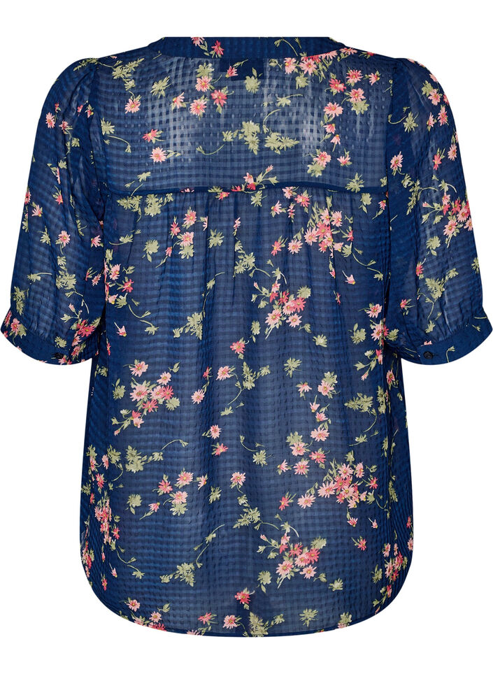 Blouse &agrave; imprim&eacute; floral et col V, Bleu, Packshot image number 1