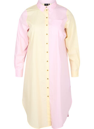 Long cotton shirt with color-block, Popcorn/Pink, Packshot image number 0