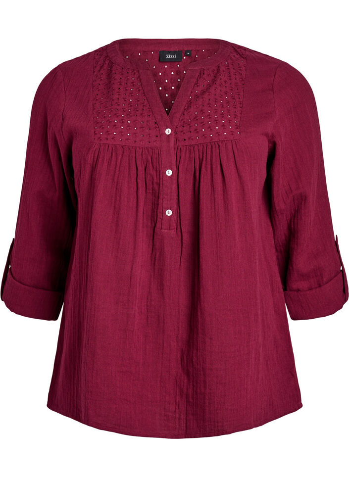 Blouse en mousseline de coton avec broderie anglaise, Bordeaux fonc&eacute;, Packshot image number 0