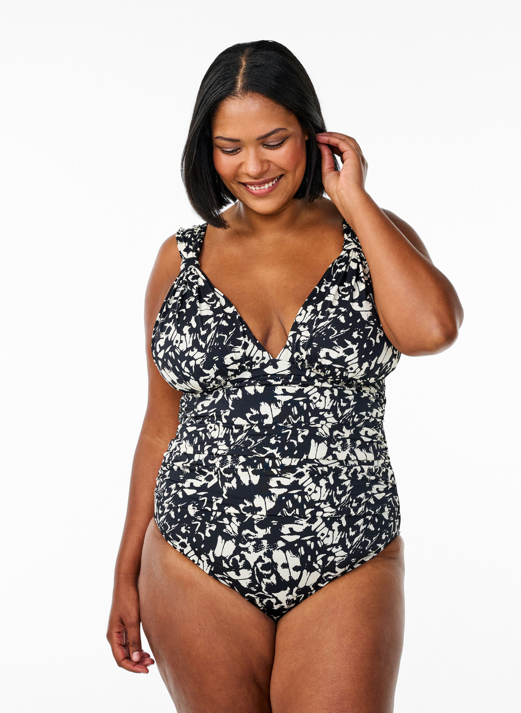 Zizzi Maillot de bain &agrave; motifs avec d&eacute;collet&eacute; en V profond, Noir, Model image number 0