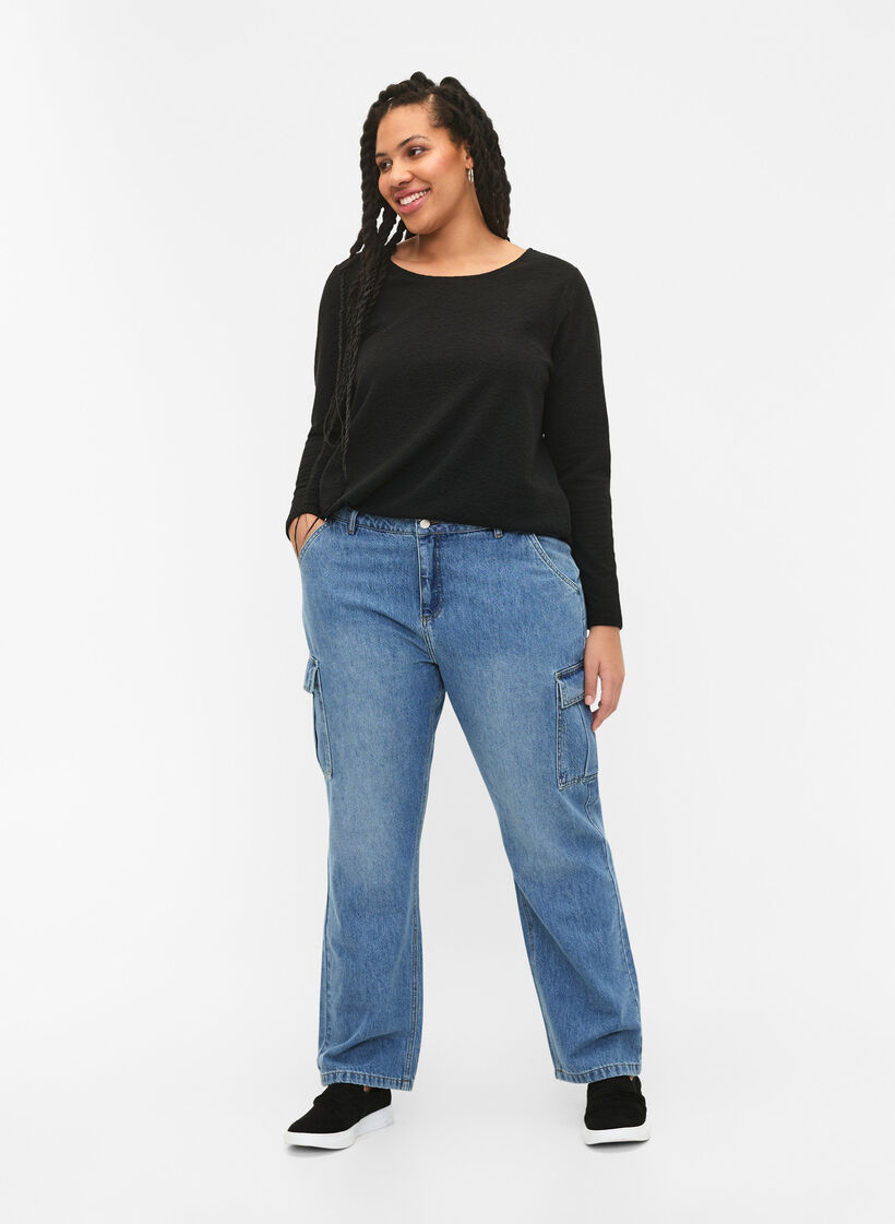 Chemisier texturé à manches longues, Noir, Model image number 1