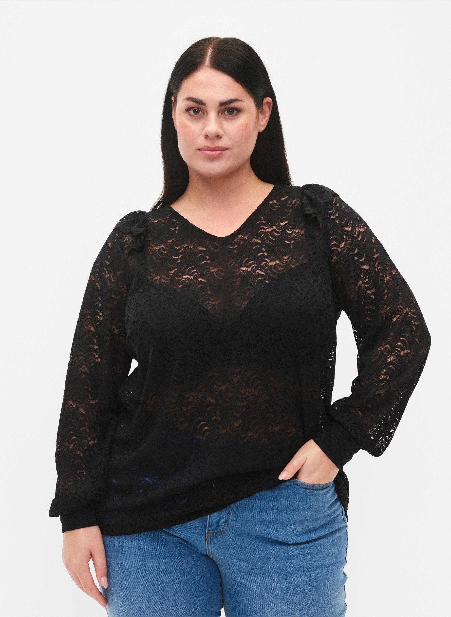 Zizzi Blouse en dentelle &agrave; manches longues, Black, Model image number 0