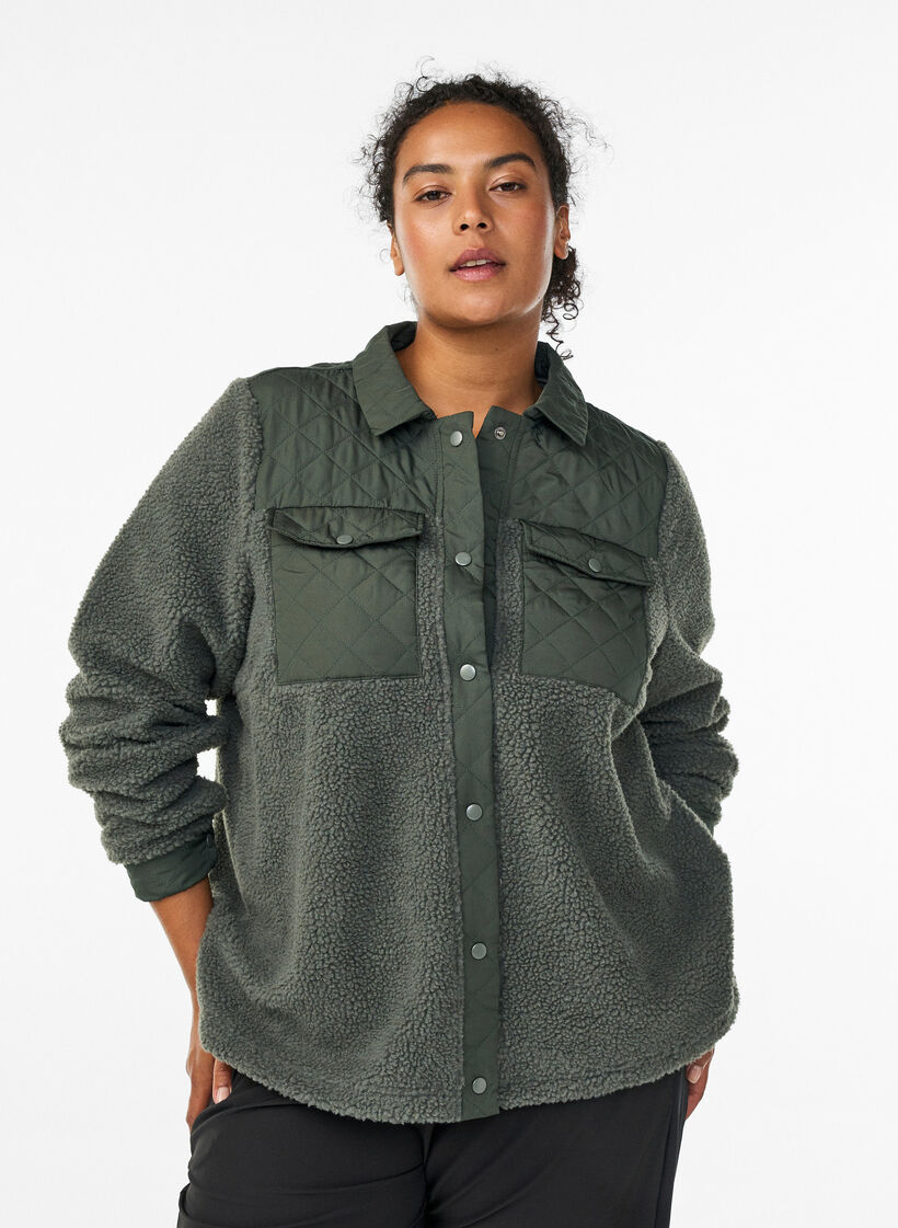 Veste polaire avec détails matelassés, Vert foncé, Model image number 0
