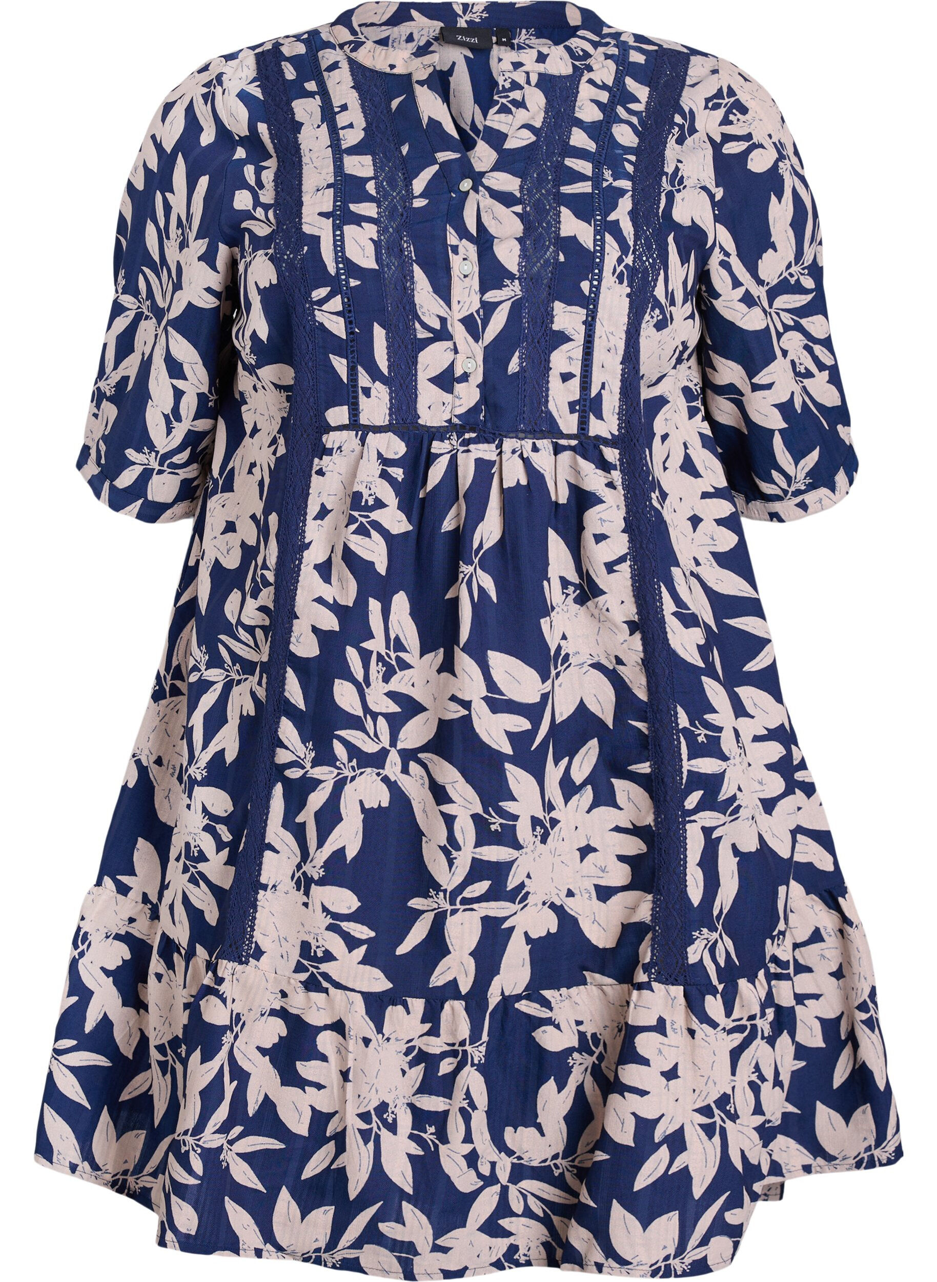 Zizzi Robe courte en viscose avec bordure en dentelle et coupe trap&egrave;ze, Bleu, Packshot image number 0