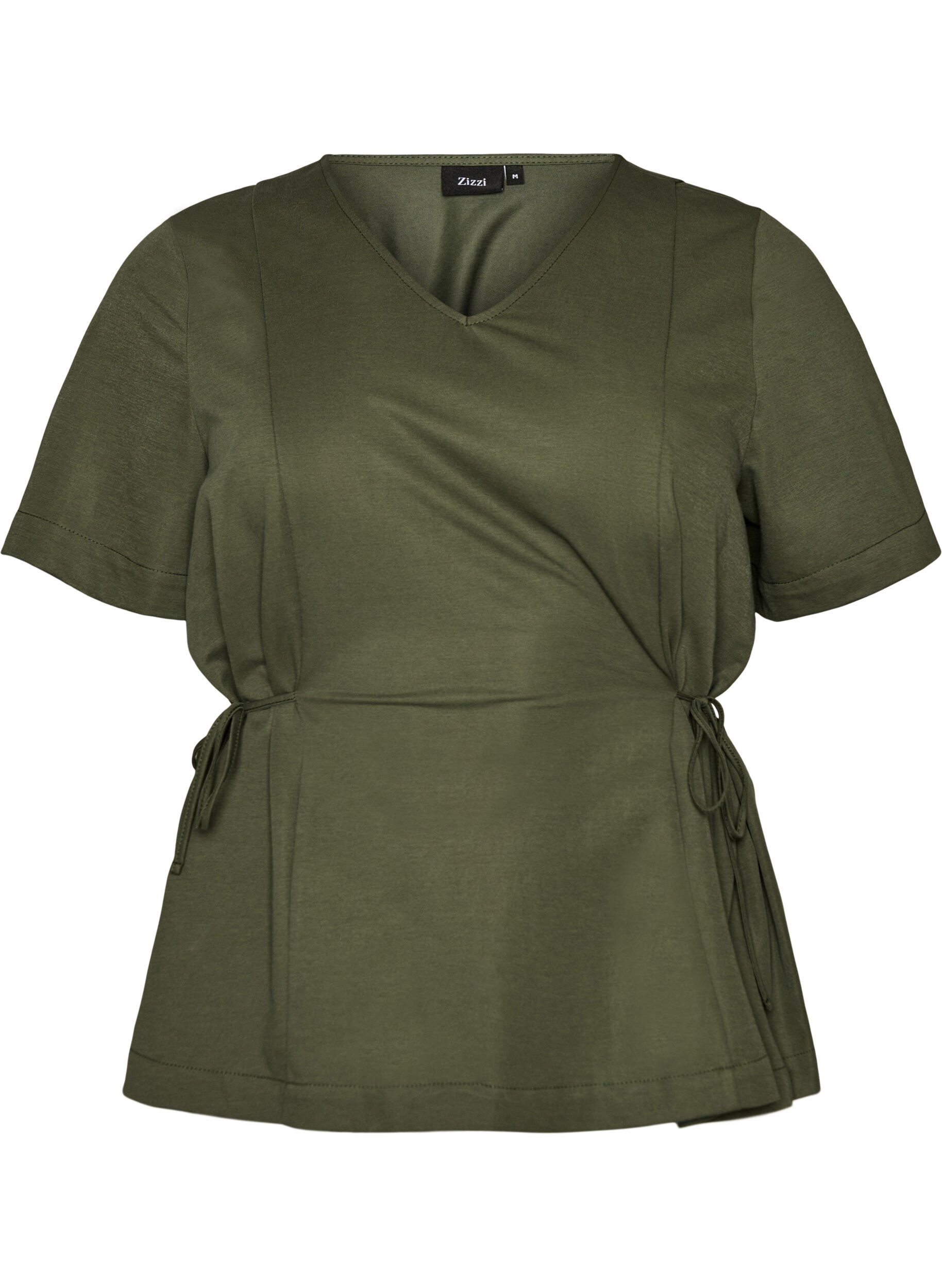 ZizziBlouse en m&eacute;lange de coton avec un col en V et un lien &agrave; nouer, Vert, Packshot image number 0
