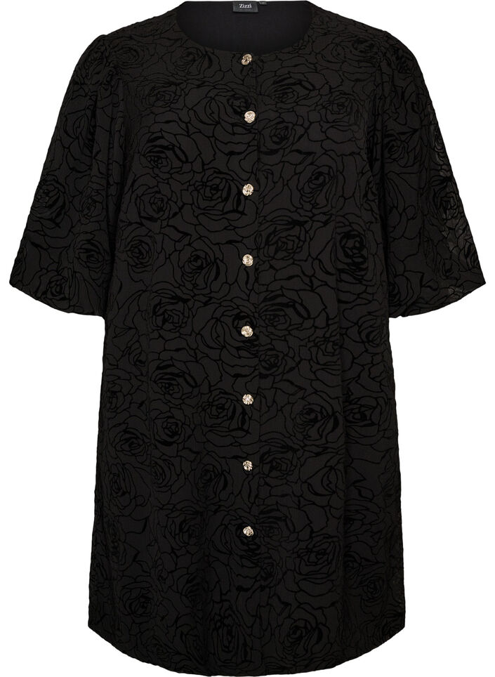 Robe courte avec imprim&eacute; roses et boutons, Noir, Packshot image number 0