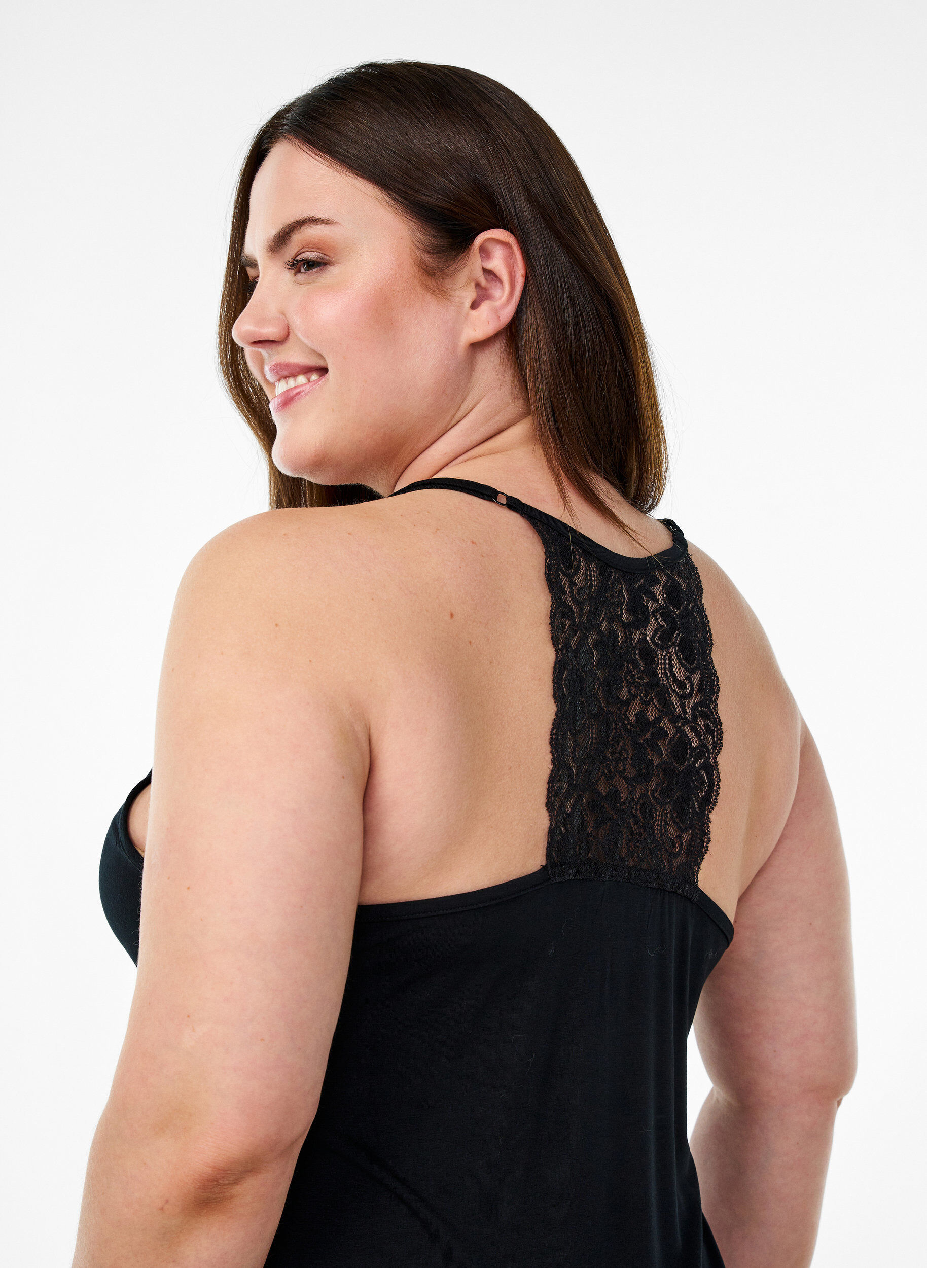 Zizzi Nuisette sans manches en viscose avec d&eacute;tails en dentelle, Noir, Model image number 3