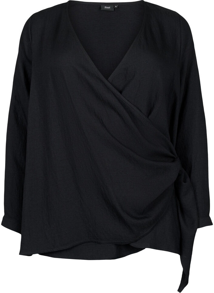 Blouse à manches longues en viscose avec un aspect enveloppant, Black, Packshot image number 0