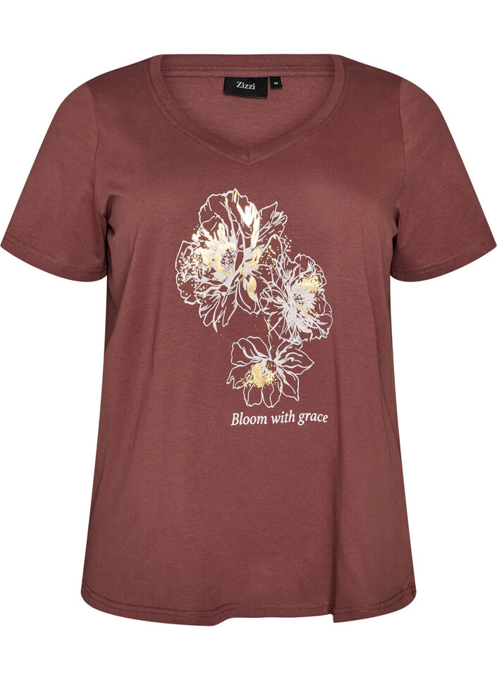T-shirt en coton avec imprim&eacute; sur le devant et col en V, Rose poudr&eacute;e, Packshot image number 0