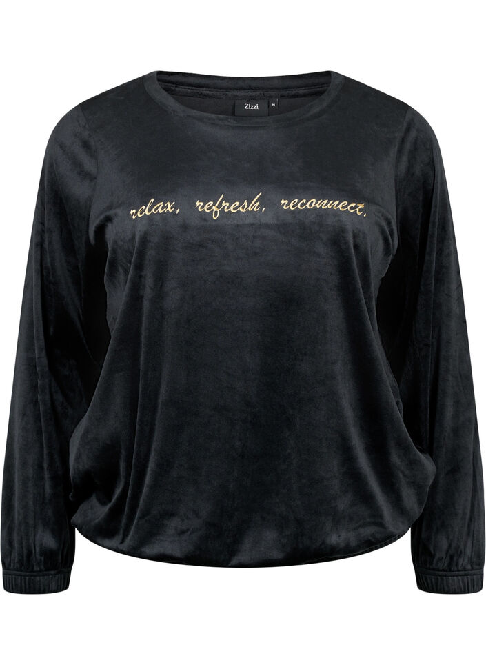 Blouse en velours avec texte brodé, Black, Packshot image number 0