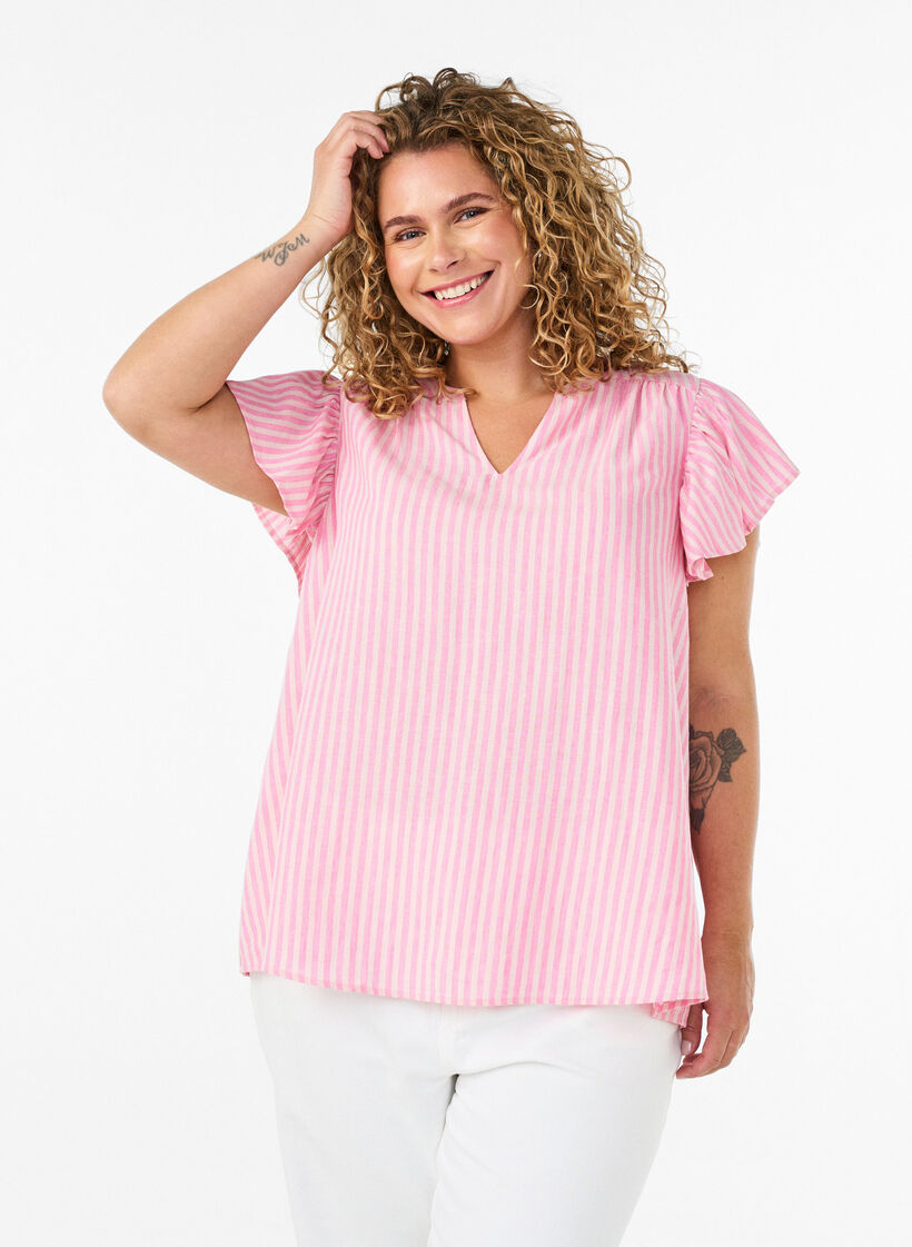 Blouse en viscose et lin avec manches &agrave; volants, Rose, Model image number 0