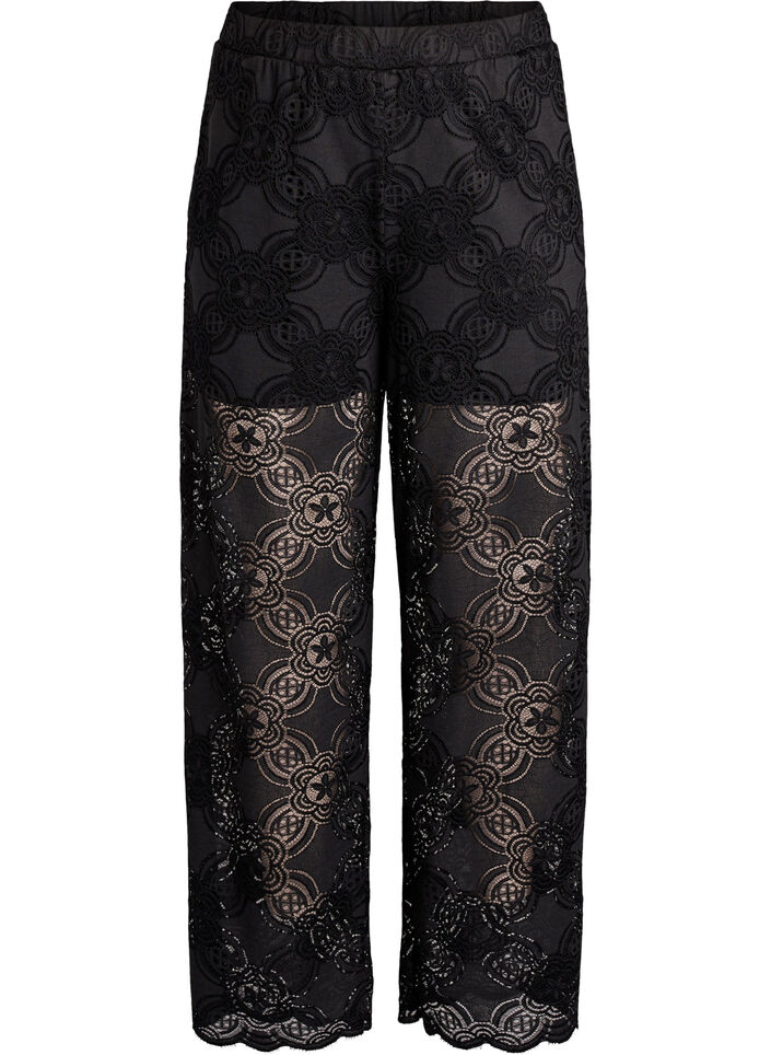 Pantalon large taille haute en dentelle, Noir, Packshot image number 0