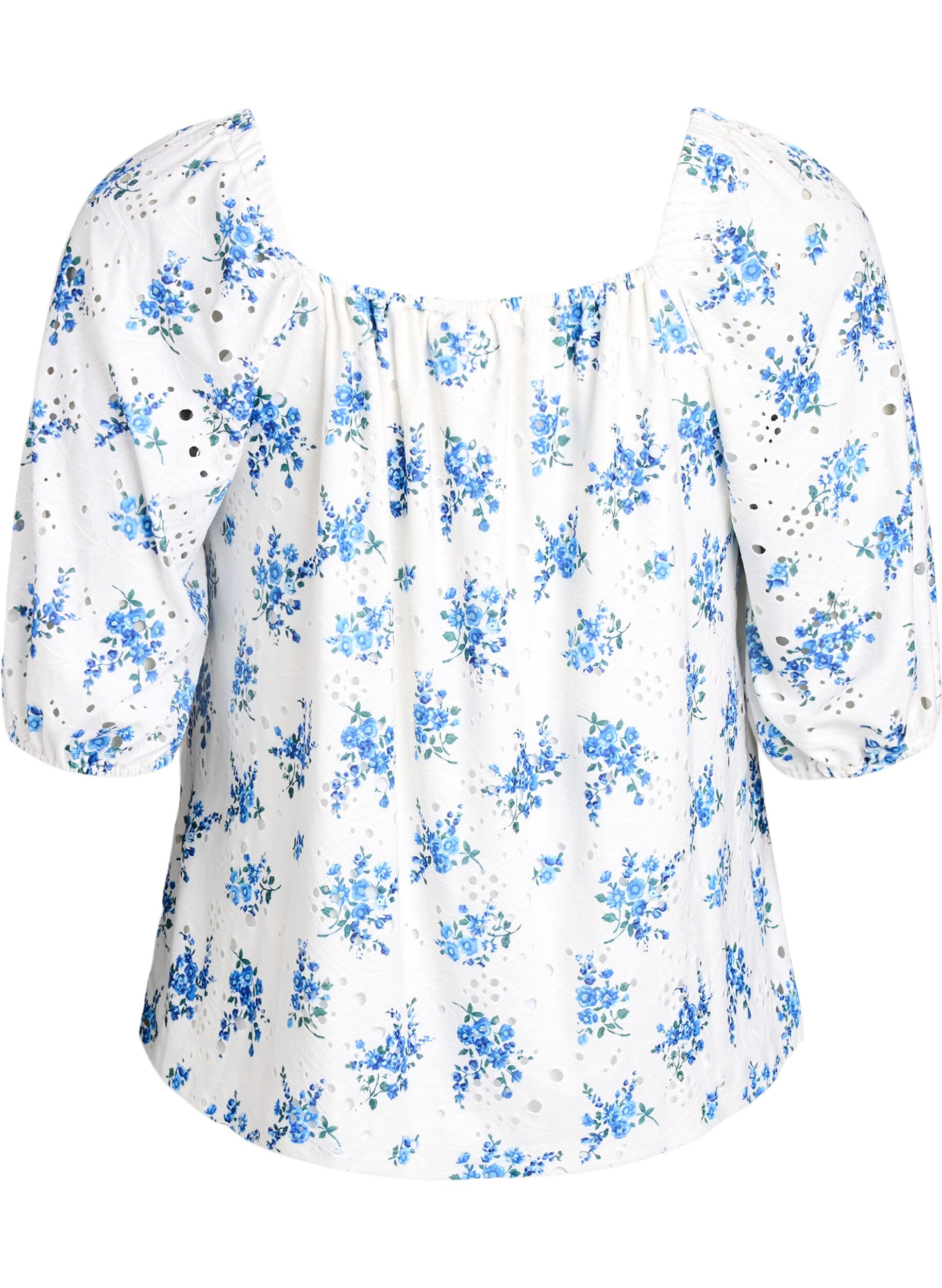 Zizzi Blouse fleurie avec encolure carr&eacute;e et broderie ajour&eacute;e, Blanc, Packshot image number 1