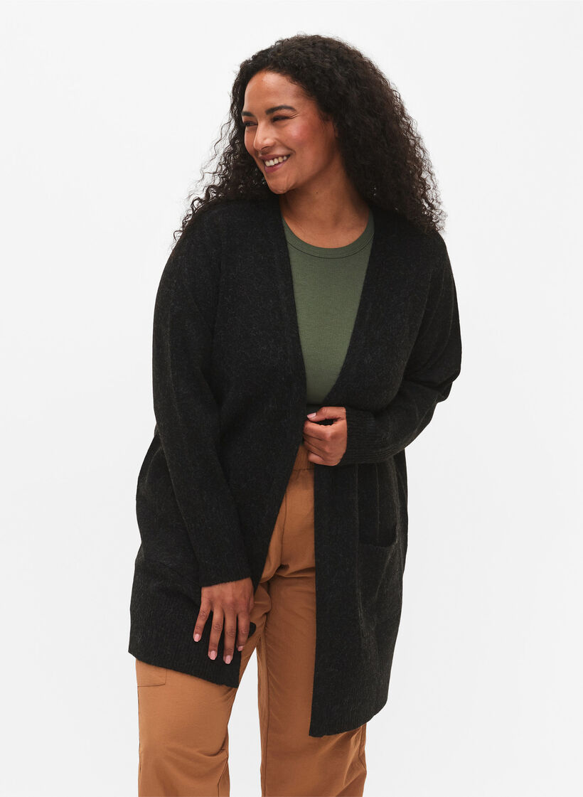 Cardigan tricot&eacute; mouchet&eacute; avec poches, Gris anthracite, Model image number 0