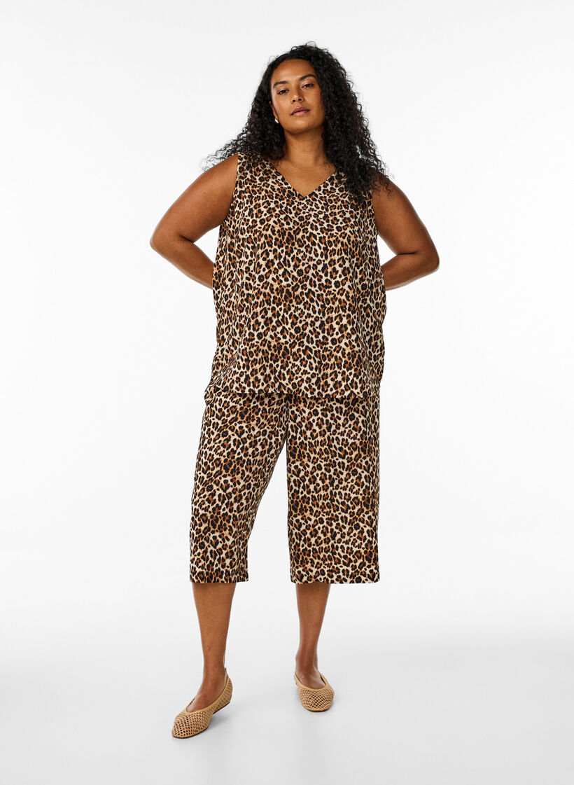 Haut imprimé avec col en V, Marron, Model image number 1