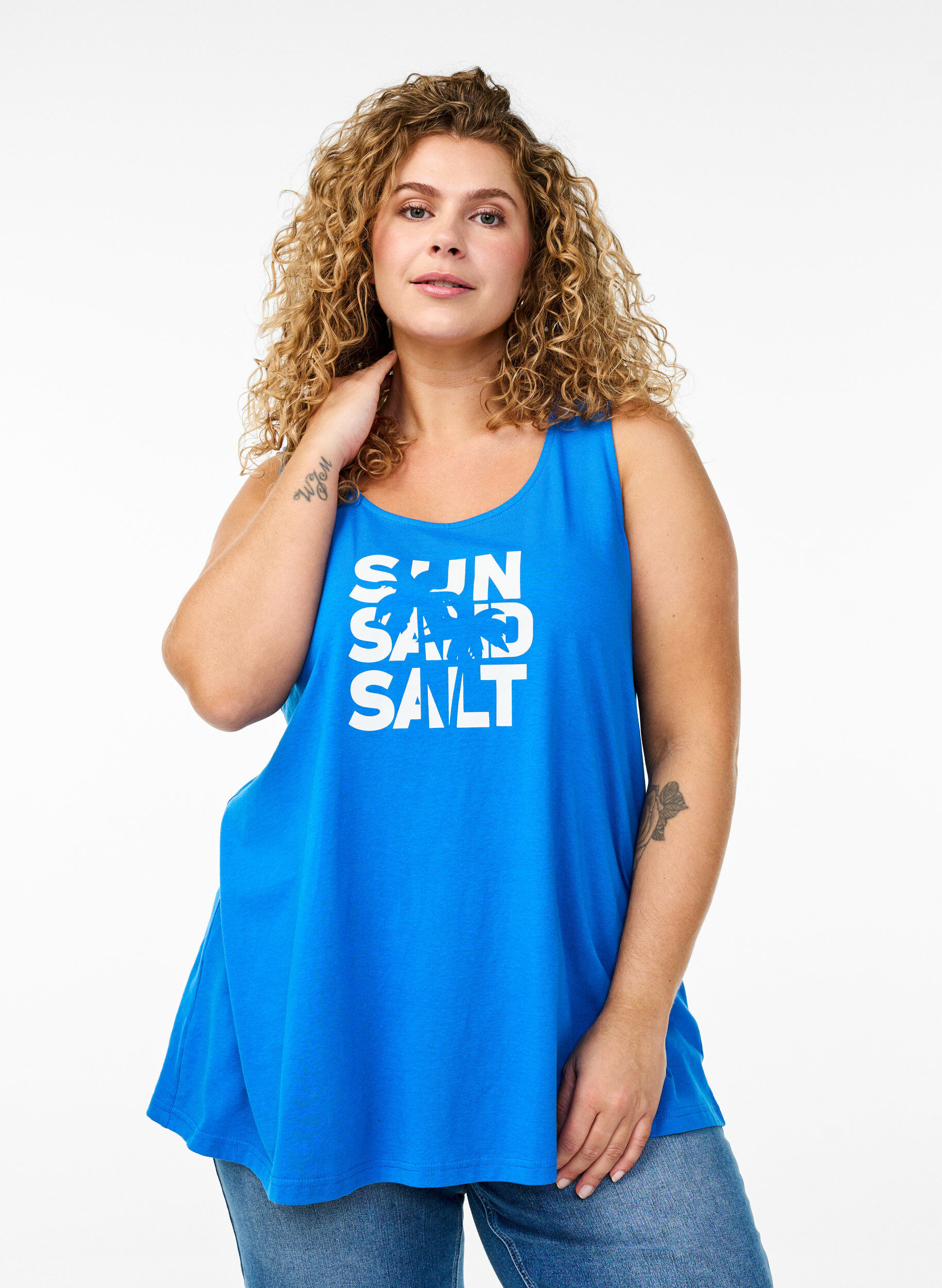 Zizzi Top en coton avec forme en A, Bleu, Model image number 0