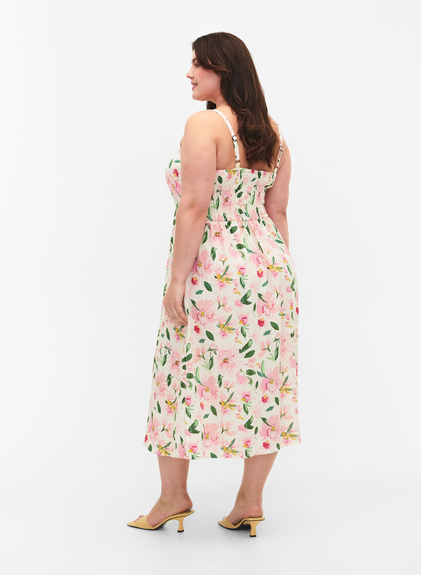 Robe à bretelles en viscose florale avec smocking, Off White Flower, Model image number 1