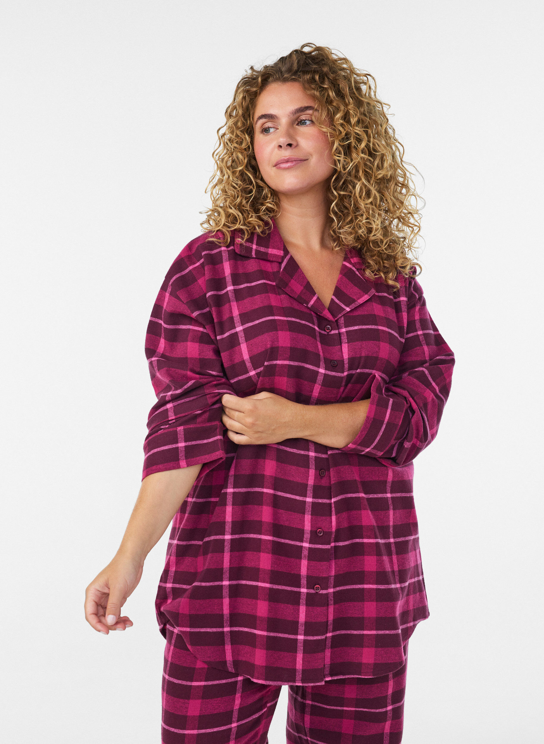 ZizziChemise de pyjama &agrave; carreaux en coton &agrave; manches longues, Bordeaux, Model image number 0