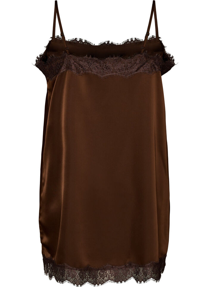 Haut long en satin bord&eacute; de dentelle, Marron, Packshot image number 1