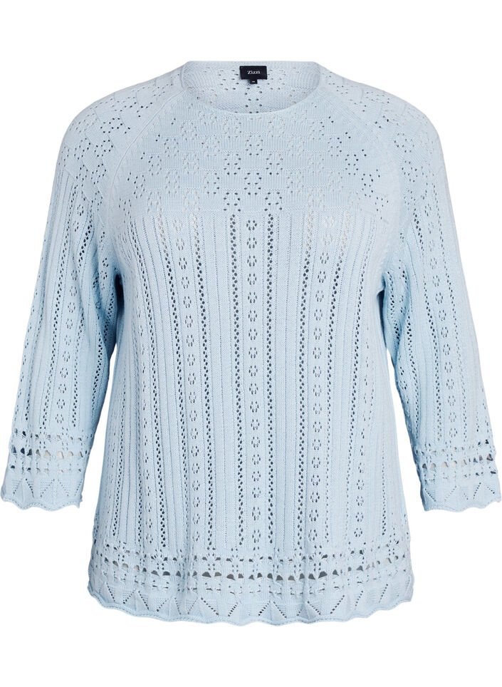 Top en maille avec broderie eyelet et manches 3/4, Bleu Clair, Packshot image number 0