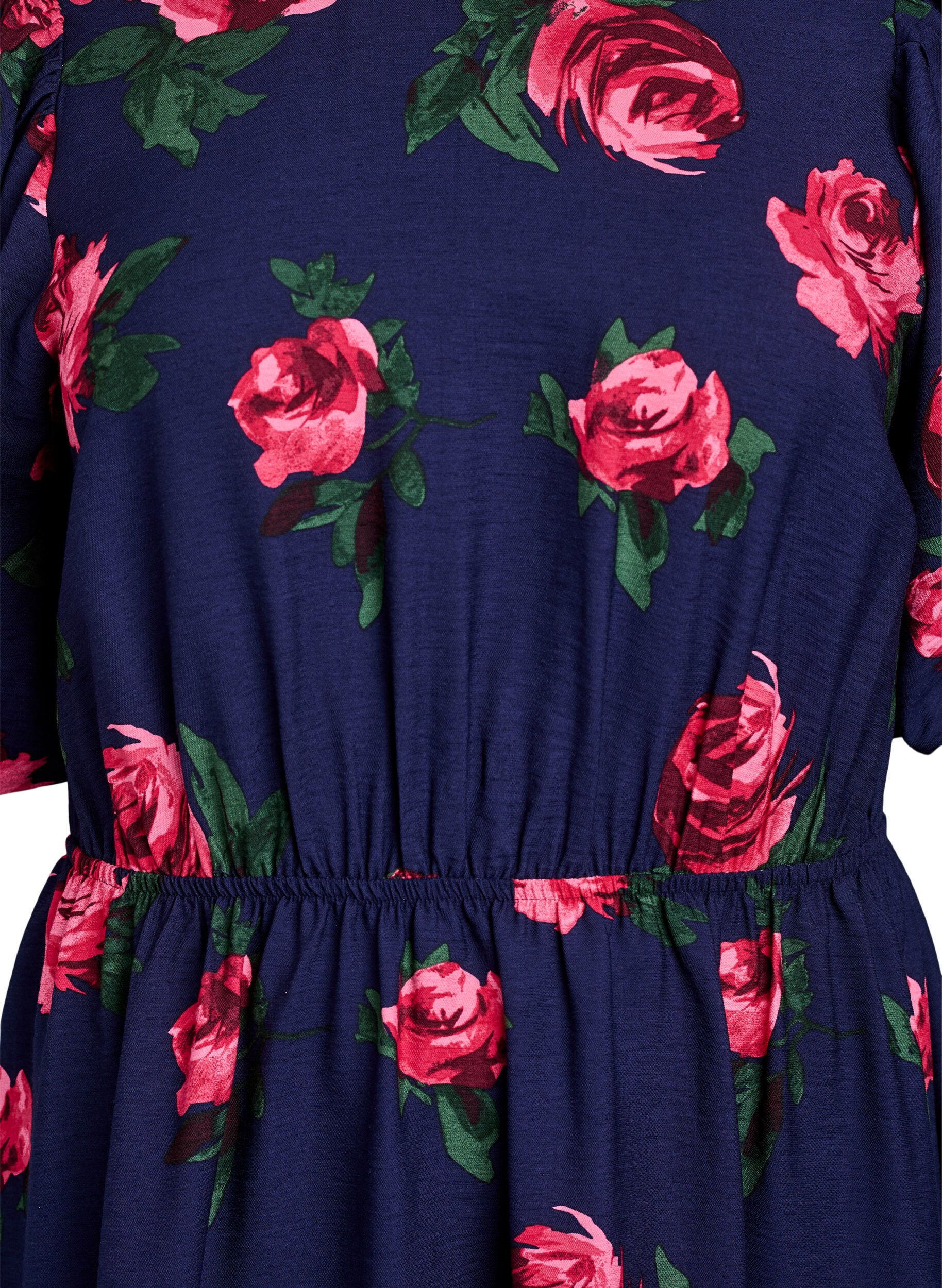 Zizzi Robe midi &agrave; imprim&eacute; roses et manches courtes bouffantes, Bleu, Packshot image number 2