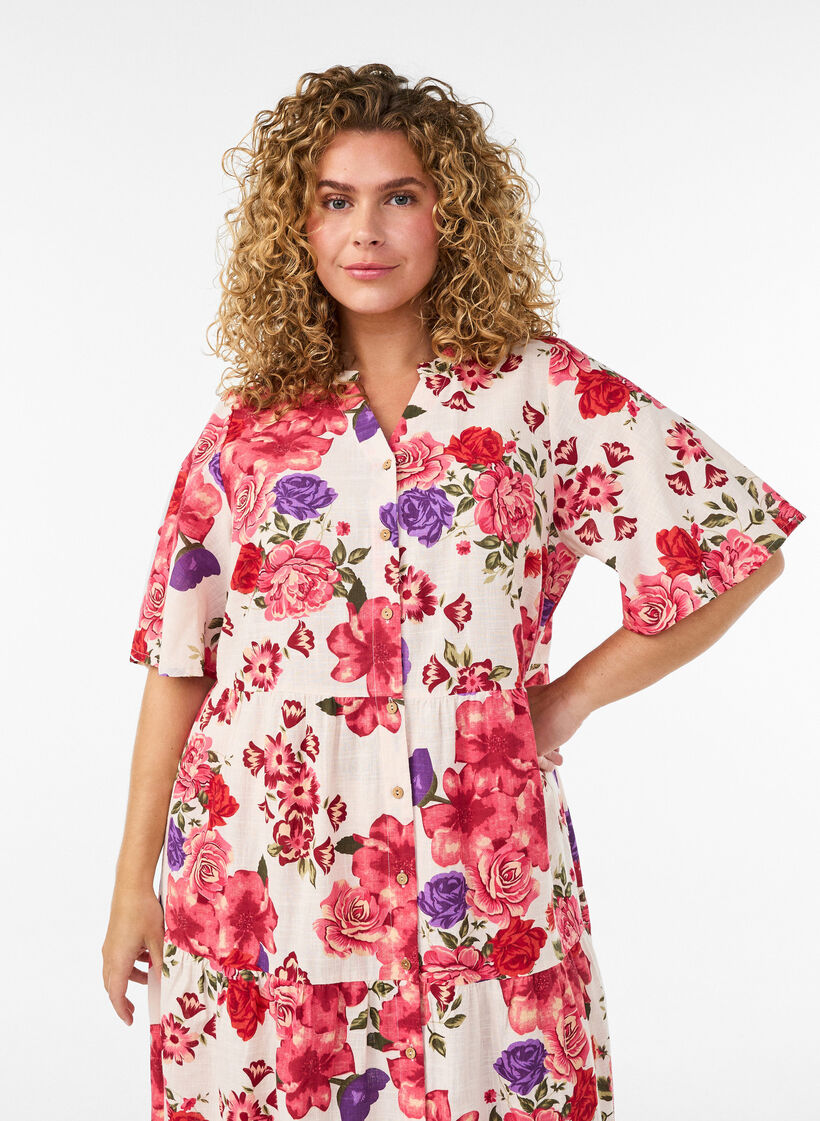 Robe midi en coton avec imprim&eacute; floral, Rouge, Model image number 2