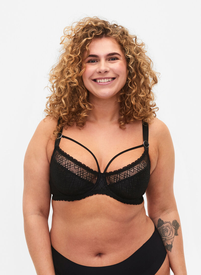 Balconnet en dentelle avec détail string, Noir, Model image number 0