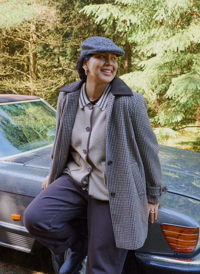 Manteau &agrave; carreaux avec col en velours c&ocirc;tel&eacute;, Marron, Image image number 0