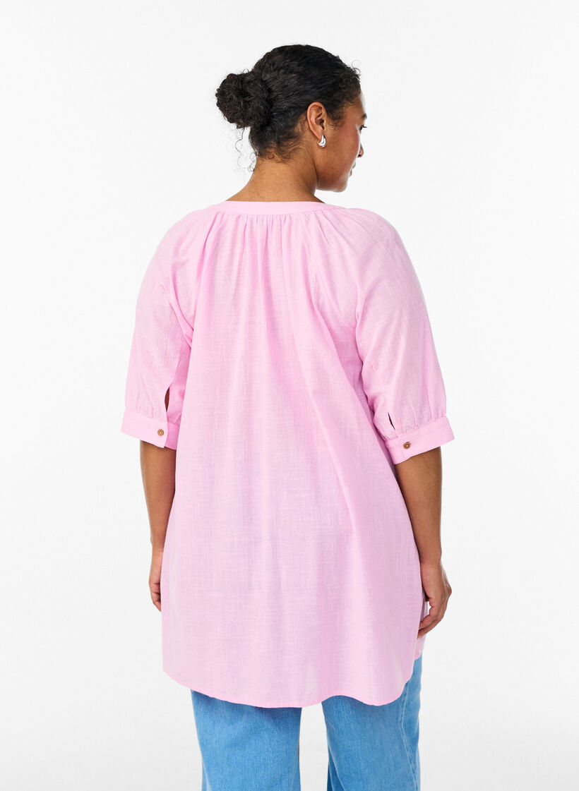 Tunique en coton avec un col en V, Rose, Model image number 2