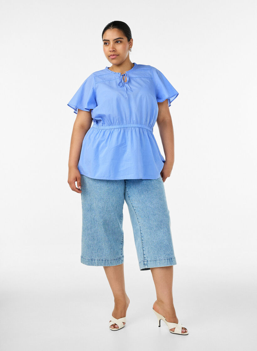 Blouse en coton avec lien &agrave; nouer et taille &eacute;lastiqu&eacute;e, Bleu, Model image number 1